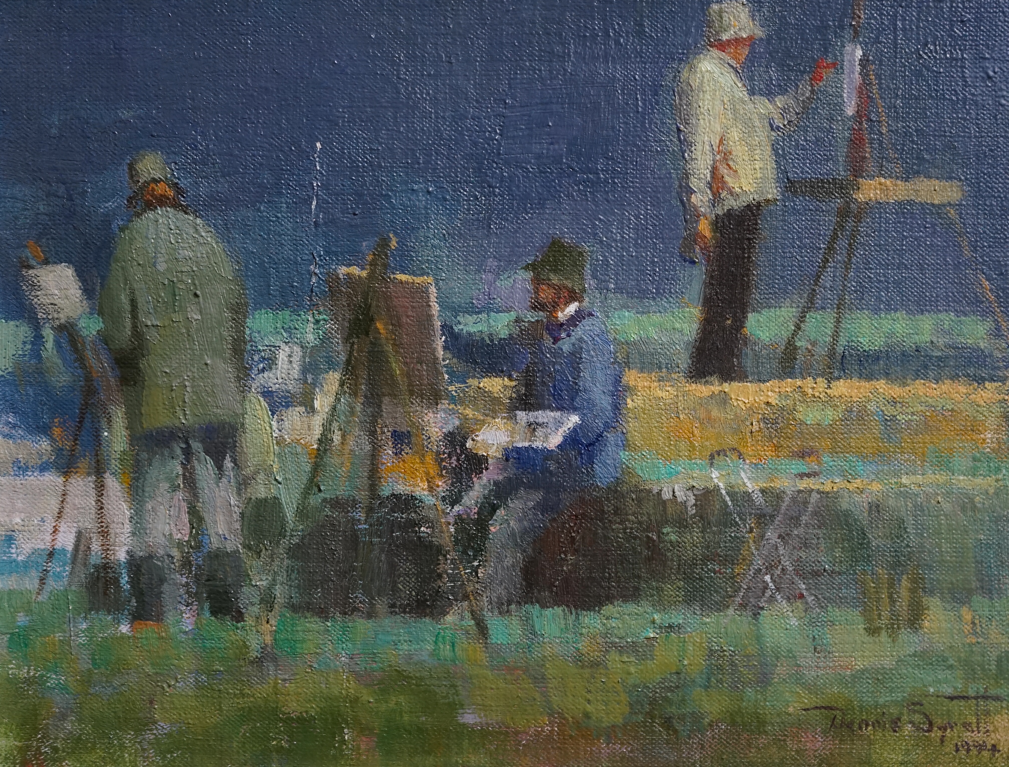 Dennis Syrett (Wapping Group, b.1934), oil on canvas, ‘Painters at Heybridge’, signed and dated 1994, 16.5 x 21.5cm. Condition - good